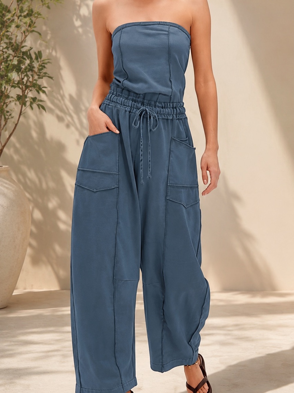 Women’s Strapless Wide-Leg Jumpsuit in Slate Blue
